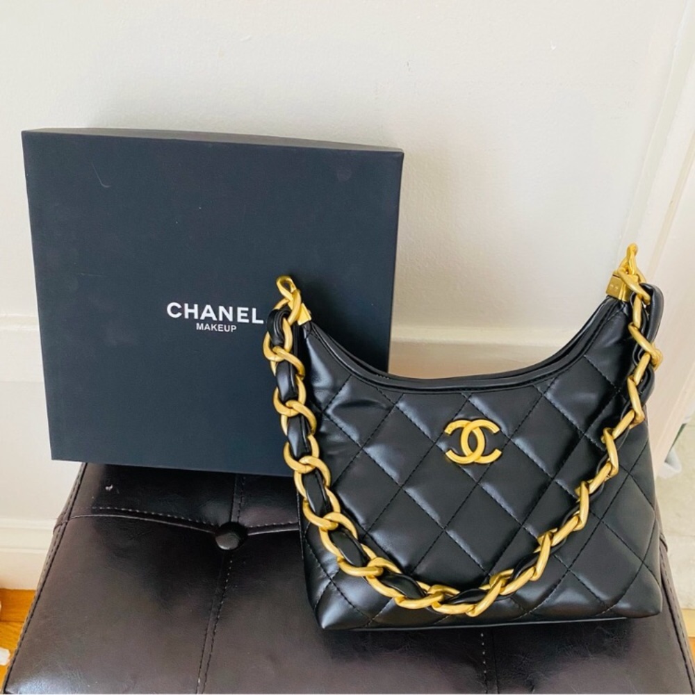 New in Box Chanel Makeup GWP Black Quilted Faux Leather 24A Hobo Shoulder Bag